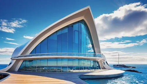 Modern building design, futuristic architecture, Shellharbour, coastal city, Australia, curved lines, sleek glass facade, metallic structure, silver roof, triangular shapes, cantilevered floors, ocean