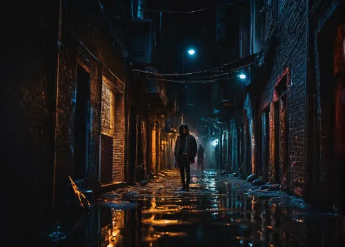 alleyway,alley,shanghai,hanoi,narrow street,blind alley,blue rain,night scene,walking in the rain,chongqing,old linden alley,cyberpunk,alley cat,night image,in the rain,man with umbrella,girl walking away,night photography,rainy,rescue alley,Photography,Artistic Photography,Artistic Photography 03