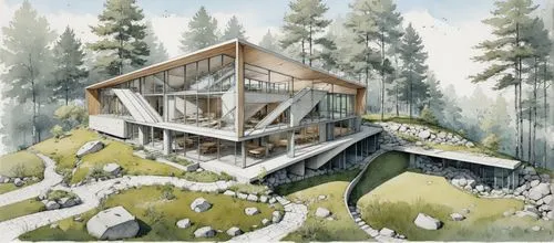 a sketched house on top of a mountain,mountain hut,the cabin in the mountains,house in mountains,house in the forest,timber house,forest house,Unique,Design,Blueprint