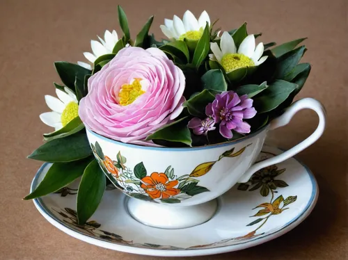 teacup arrangement,vintage tea cup,porcelain tea cup,tea flowers,flower tea,cup and saucer,vintage china,floral with cappuccino,tea cups,flower bowl,vintage flowers,fragrance teapot,blooming tea,tea rose,chinaware,tea cup,tulip white,pink lisianthus,chrysanthemum tea,potted flowers,Illustration,American Style,American Style 09