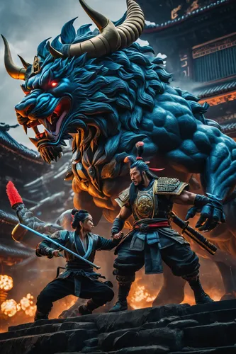 In a dystopian future, Raijin and Fujin join forces to battle against an oppressive regime.,dragon li,nine-tailed,goki,ninjago,game illustration,warrior east,dragon boat,battōjutsu,dragon slayer,drago