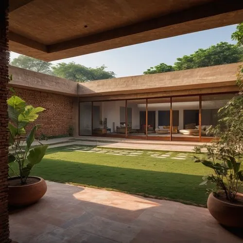 Crie a imagem de uma casa feita de  tijolo ecológico para a construção civil. Será um tijolo reciclado com plástico. Pode colocar algumas colorações de plástico azul e vermelho.,auroville,amanresorts,