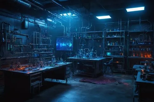 "Lora-inspired, futuristic laboratory, diffusion chamber, glass containers, glowing blue liquids, misty atmosphere, soft neon lights, metallic equipment, wires, pipes, stainless steel tables, leather-