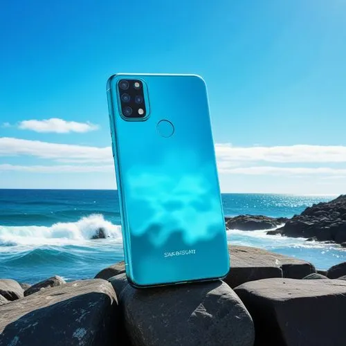 A photorealistic image of a light teal smartphone with a triple-lens camera system standing upright on dark rocks near the ocean.  The ocean is a vibrant blue, with waves gently lapping against the ro