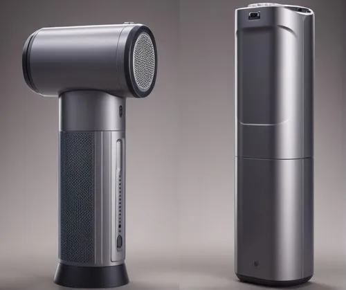 高级感充气泵,a silver hair dryer with an external blow - dryer plug,ophthalmoscope,handheld electric megaphone,a flashlight,atomizers,microphone wireless,aluminum tube,Photography,General,Realistic