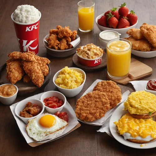 Transport yourself to a bustling KFC restaurant, where you can indulge in a hearty and tempting breakfast menu that energizes your day.,breakfast plate,american food,kids' meal,american breakfast,brea