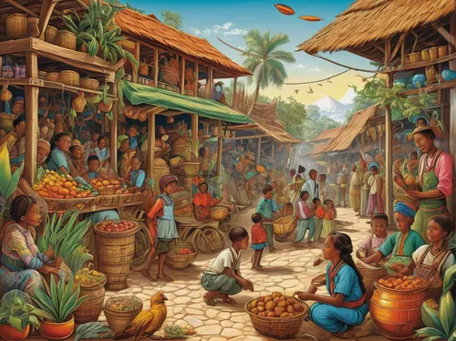 fruit market,vegetable market,maya civilization,the market,village scene,ramayana festival,hippy market,marketplace,pachamama,ancient parade,khokhloma painting,floating market,market,mud village,harvest festival,bahian cuisine,easter festival,vendors,village festival,spice market,Illustration,Retro,Retro 24