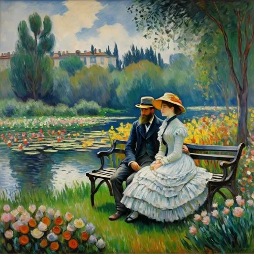 (High Fashion Art by Claude Monet, by Paul Cézanne:1.5), (by Auguste Renoir :1.2), a pair of lovers sits on the bench in the grass and looks at the lively pond, into a swarm of hopes and sparkling sta