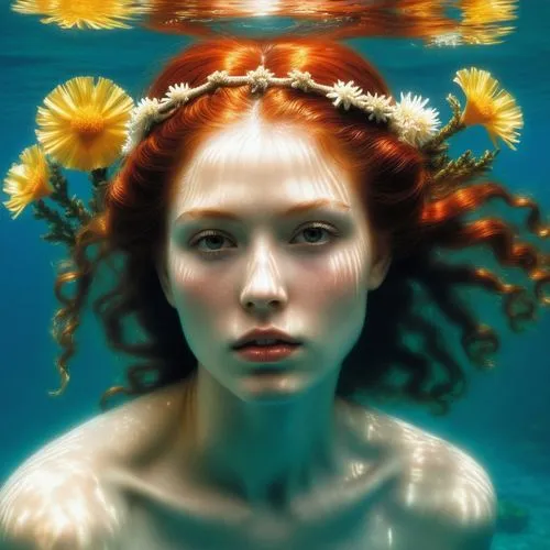 painting of a woman with long hair and a flower in her hair, peter gric and dan mumford, annasophia robb as aphrodite, complex redhead braided hair, riyoko ikeda, poseidon, by Mati Klarwein, medium lo