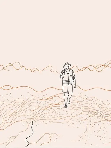 Simple elegent tangled line work, minimilistic, neutral colours such as orange and brown, australia inspired,a man walking down the beach alone with his hat on,wander,shifting dunes,exploration,wander