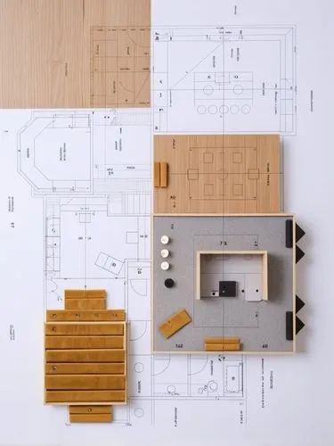 Ein Architekurmodell auf dem Schreibtisch eines Architekten,architectural drawings and furniture sitting on top of a paper,floorplans,house floorplan,floorplan home,floorplan,floor plan,architect plan