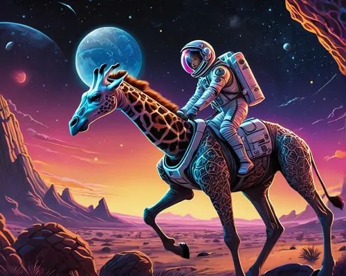 skyhorse,man and horses,sagittarius,colorful horse,unicorn background,horseplayer,spaceland,darkhorse,horseman,sci fiction illustration,astronautic,rocinante,alpha horse,horseback,herfstanemoon,earthrace,spacewalker,moonman,barsoom,carousel horse,Illustration,American Style,American Style 13