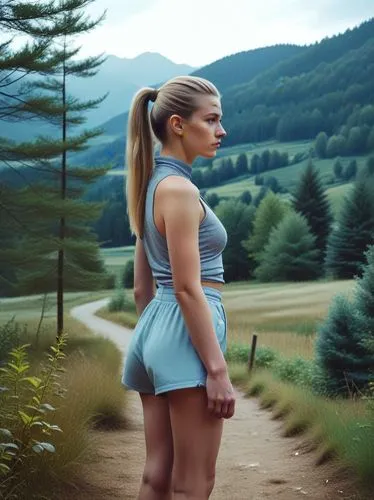 The picture shows a person with long, blond hair tied back in a high ponytail, standing barefoot outdoors in a wooded area. In the background are trees, bushes and a hint of a small fence in the middl