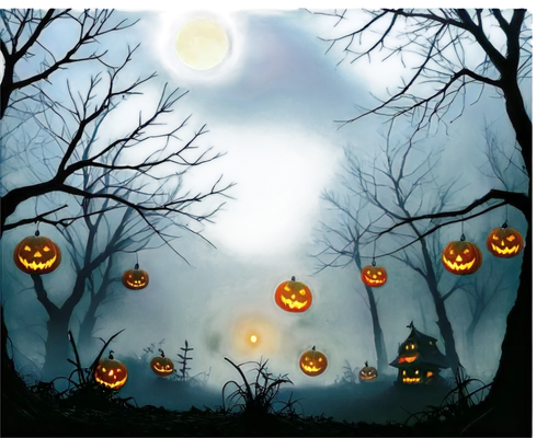 Spooky Halloween background, dark night sky, full moon, creepy trees with branches stretching upwards, glowing jack-o-lanterns, spider webs, foggy atmosphere, mysterious shadows, dim lantern light, ee