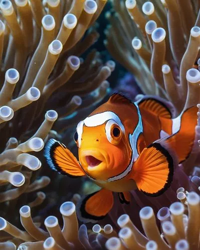 anemonefish,anemone fish,clownfish,clown fish,amphiprion,nemo,sea life underwater,sea animals,underwater world,dori,marine life,tubular anemone,underwater background,sea animal,marine diversity,underwater fish,butterflyfish,ray anemone,coral fish,beautiful fish,Illustration,Realistic Fantasy,Realistic Fantasy 20