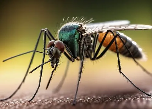 Close-up, mosquito, insect, tiny wings, compound eyes, proboscis, metallic exoskeleton, shiny black body, delicate legs, hovering, blurred background, shallow depth of field, bokeh effect, warm lighti