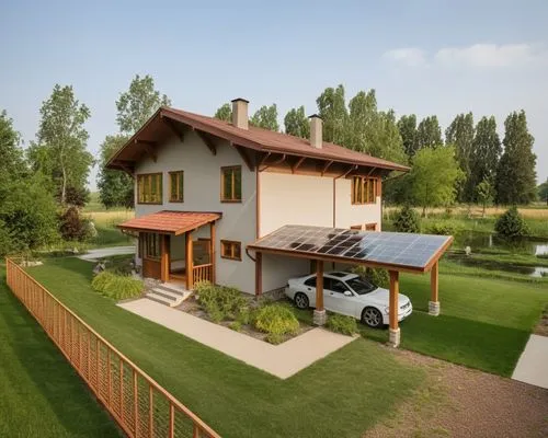 small modern house surrounded by a garden.
The walls are white. Gray roof.,a solar powered house on the outskirts of the country side,3d rendering,small house,homebuilding,holiday villa,electrohome,mi