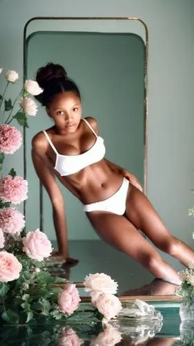 a woman is in front of a mirror and flowers,dirie,ikpe,photo session in the aquatic studio,amerykah,letoya,thandie