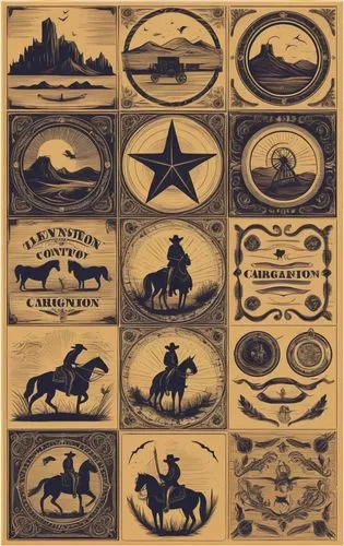 西部乡村牛仔复古元素矢量图,an antique print of the cowboys and their emblems,stagecoaches,westerns,chromolithography,placemats,buckskins,vintage labels,Illustration,Abstract Fantasy,Abstract Fantasy 16