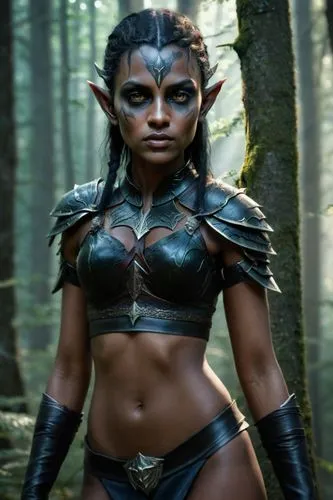 photo-realistic highly detailed, A young female Dark Elf warrior, bare midriff,  , forest background,female warrior,dark elf,warrior woman,fantasy woman,fantasy warrior,black warrior,the enchantress,a