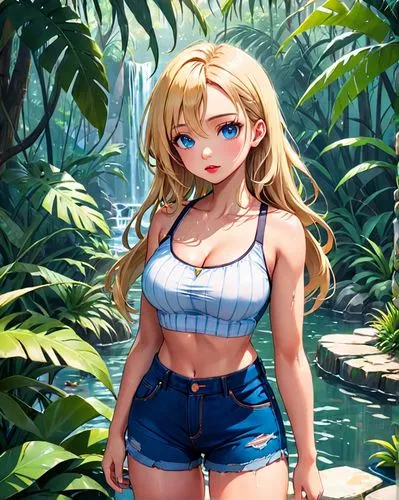 young adult woman.
in a jungle, hot and moist weather. 
long blonde wavy hair, blue eyes, red lips, tan skin.
big breasts, wide hips, fit body. 
wearing bikini bra red. jeans shorts.
sweaty skin,summe