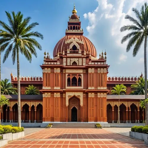 the building has a large dome in front of it,safdarjung,baroda,chhatri,bikaner,maharastra,karnataka,dakshineswar,rashtrapati,tanjore,deccan,gangetic,mayapur,multan,vrindavan,gurudwara,chhatrapati,afte