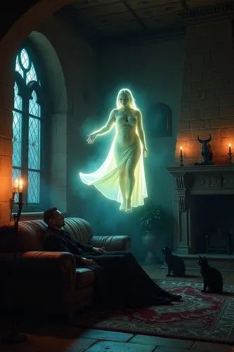 A translucent and phosphorescent ghost dressed in very sexy clothes floating above a snakeskin sofa watching Dracula lying down with a large flash of light between the two in a semi-dark gothic room l