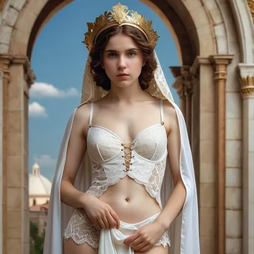 a nak*d woman with a cape on her head, lace lingerie, pudica pose bouguereau style, bouguereau style pose, bouguereau. full-shot, arya stark as venus, inspired by Dino Valls, young queen jezebel, much