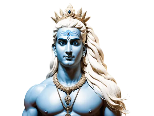 Hindu god Shiva, blue skin, serpent around neck, sacred ash on forehead, third eye open, powerful muscular build, intricately carved ornaments, majestic crown, flowing white hair, dramatic lighting, c