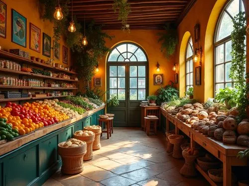 Vibrant eclectic grocery store, warm golden color scheme, ornate wooden shelves, colorful vintage posters, rustic metal baskets, woven wicker furniture, lush green plants, natural stone walls, earthy 