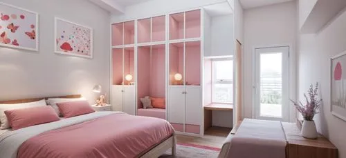 Create a sketch-style rendering of a playful and cozy child’s bedroom for a young girl. The room should feature a small bed with colorful bedding in soft pastels like pink, lavender, or mint green, wi