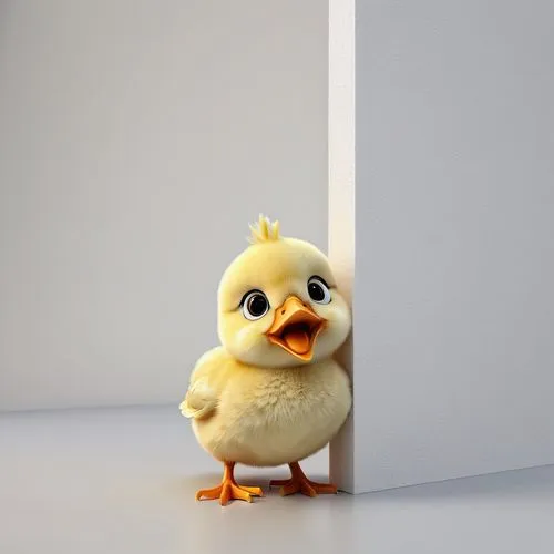 only the head of a chick peeks out from around the corner of a white wall,baby chick,duck cub,duckling,baby chicken,chick,pheasant chick,young duck duckling,ducky,duck,rubber duckie,easter chick,chick