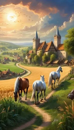 townsmen,farm landscape,agricultural scene,bremen town musicians,rural landscape,countryside,pony farm,farm background,dutch landscape,agricola,bucolic,fantasy landscape,beleriand,knight village,farm animals,townsfolk,caylus,village life,shire,barnyard,Illustration,Realistic Fantasy,Realistic Fantasy 01