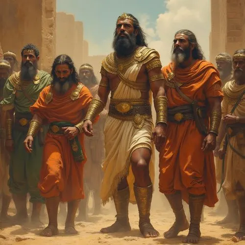 faraó escravisando hebreus,the four biblical men are in orange robes,nephites,akkadians,biblical narrative characters,canaanites,numidians,mesopotamians