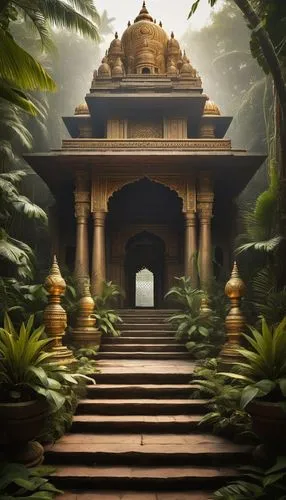 Ancient Indian temple, Vastu Shastra principles, intricate carvings, ornate pillars, golden domes, sacred geometry, symmetrical composition, majestic entrance, grand staircases, lush greenery surround