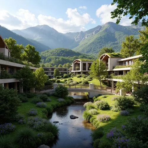 Serene natural scenery, rolling hills, meandering streams, rustic stone bridges, verdant forests, majestic mountains, eco-friendly architecture, blended building facades, green roofs, living walls, or