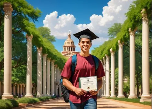 Texas University campus, architecture graduate, young adult, casual wear, backpack, holding diploma, smiling, proud, walking, graduation day, sunny weather, blue sky, few white clouds, buildings with 