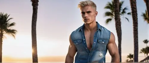 Muscular blond male, athletic build, strong jawline, bright blue eyes, messy short blond hair, rugged facial features, sleeveless denim shirt, ripped jeans, leather belt, bare feet, standing confident