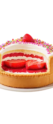 Torta, PNG, dessert, round shape, golden crust, creamy filling, strawberry on top, sprinkles around edge, glossy surface, soft lighting, macro shot, shallow depth of field, warm color tone.,strawberry