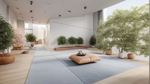 Render a public garden full of active and sporty people. The building in the background is a modern gym for many sports and is eco-friendly,From outdoor garden to indoor peaceful paradise,zen garden,g