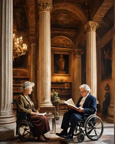 Elderly people, mixed genders, 60-80 years old, gentle smiles, wrinkled skin, gray hair, reading glasses, elegant attire, blazers, trousers, skirts, canes, wheelchairs, strolling, observing, interacti