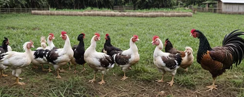 atmosphere of a poultry farm in the village.  showing white broiler chickens, roosters, paddy field ducks, red leghorn chickens and muscovy ducks.  all appear together.  build a farm atmosphere in the