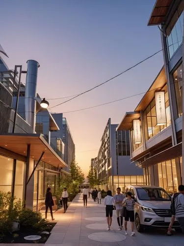 people walking down a city street as the sun sets,bridgeland,lofts,corktown,orenco,mississauga,palo alto,Photography,General,Realistic