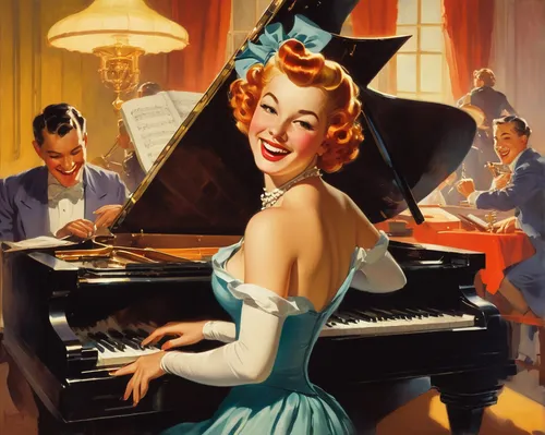 A woman playing a cheerful melody on a grand piano at a lively concert.,piano player,vintage illustration,pianist,jazz pianist,retro 1950's clip art,78rpm,ann margarett-hollywood,art tatum,jazz singer