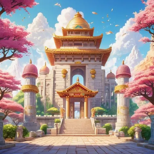 hall of supreme harmony,maplestory,sakura background,japanese sakura background,victory gate,bird kingdom,white temple,tori gate,buddhist temple,temples,tianxia,fairy tale castle,asian architecture,city gate,background design,hanging temple,stone palace,cartoon video game background,temple,fantasy world,Illustration,Japanese style,Japanese Style 02