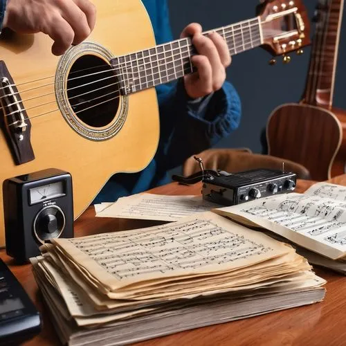 music instruments on table,music instruments,music book,acoustic-electric guitar,music books,music sheets,instruments,musical instruments,music chest,musical paper,guitars,cavaquinho,acoustic guitar,vintage ilistration,classical guitar,song book,songbook,music paper,instrument music,folk music,Photography,General,Realistic