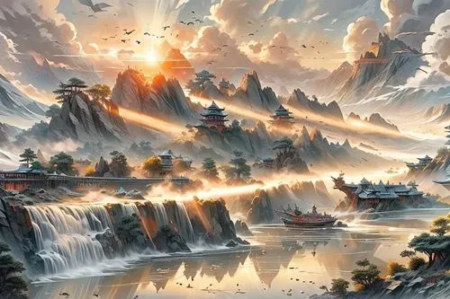 fantasy landscape,fantasy picture,gondolin,landscape background,rongfeng,fantasy art