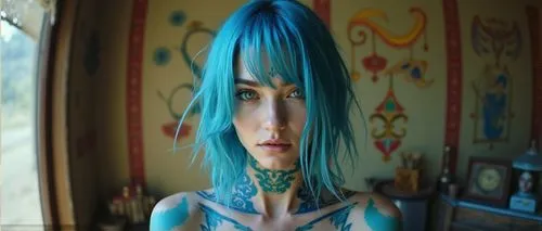 karou,tattoo girl,bodypaint,hatsune,body art,blue hair,bodypainting,body painting,painted lady,jinx,male elf,leda,coraline,nel,jeffree,smurfette,sona,longhena,violet head elf,blue enchantress