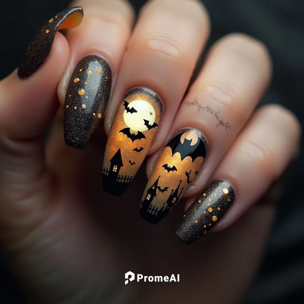 Nils Design, hallowen nails,
nail art of Bat silhouette and full moon night beautiful,nails,ring,luxery,gem,silky


,a womans nails has yellow and black designs,halloween owls,halloween ghosts,nail de