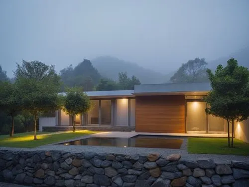 foggy landscape,modern house,corten steel,landscaped,early fog,house in mountains,morning fog,residential house,landscape design sydney,modern architecture,foggy day,bohlin,neutra,dunes house,foggy mo